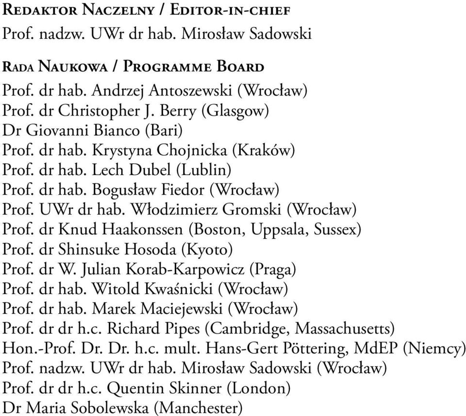 Włodzimierz Gromski (Wrocław) Prof. dr Knud Haakonssen (Boston, Uppsala, Sussex) Prof. dr Shinsuke Hosoda (Kyoto) Prof. dr W. Julian Korab-Karpowicz (Praga) Prof. dr hab.