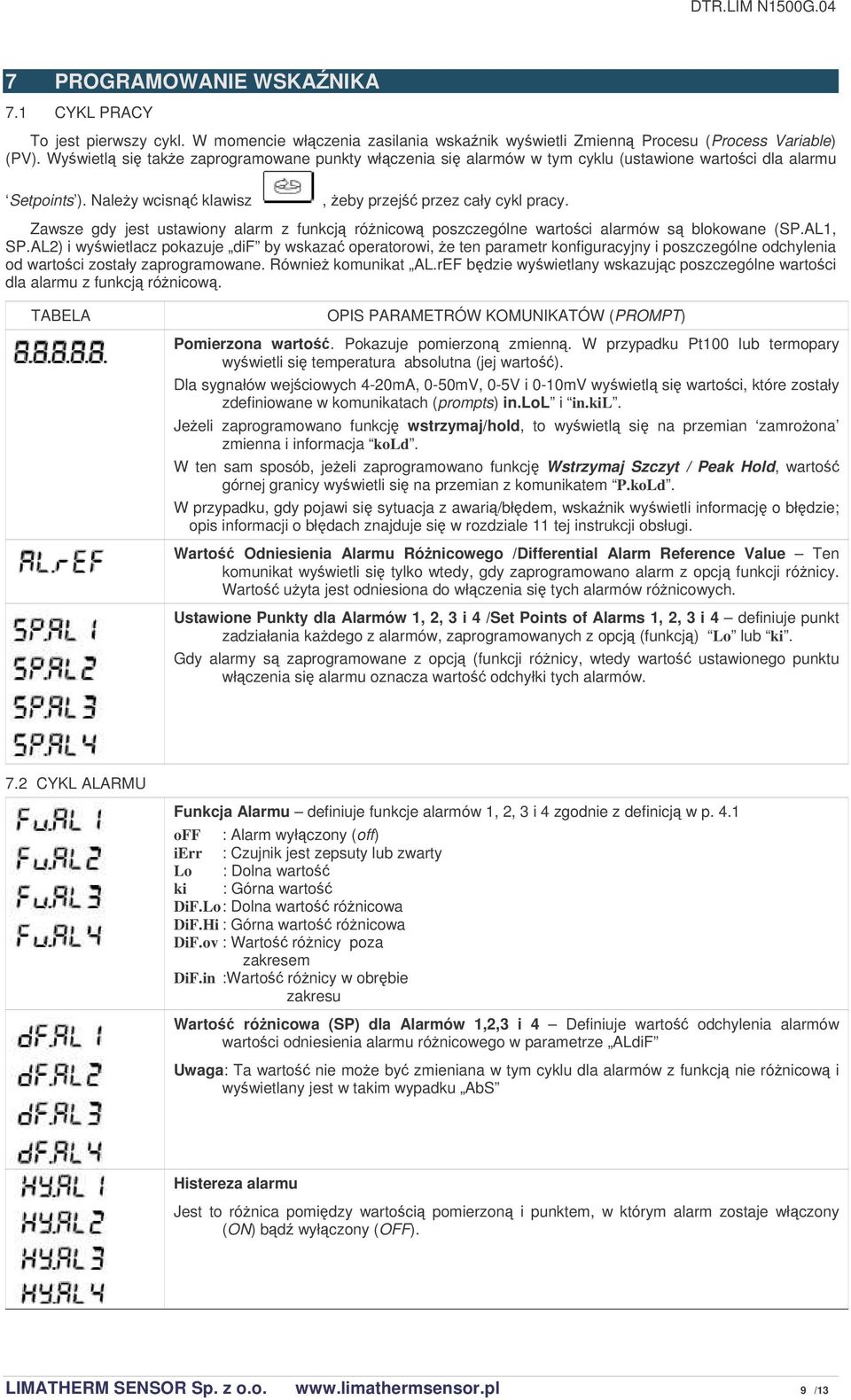 Zawsze gdy jest ustawiony alarm z funkcj rónicow poszczególne wartoci alarmów s blokowane (SP.AL1, SP.