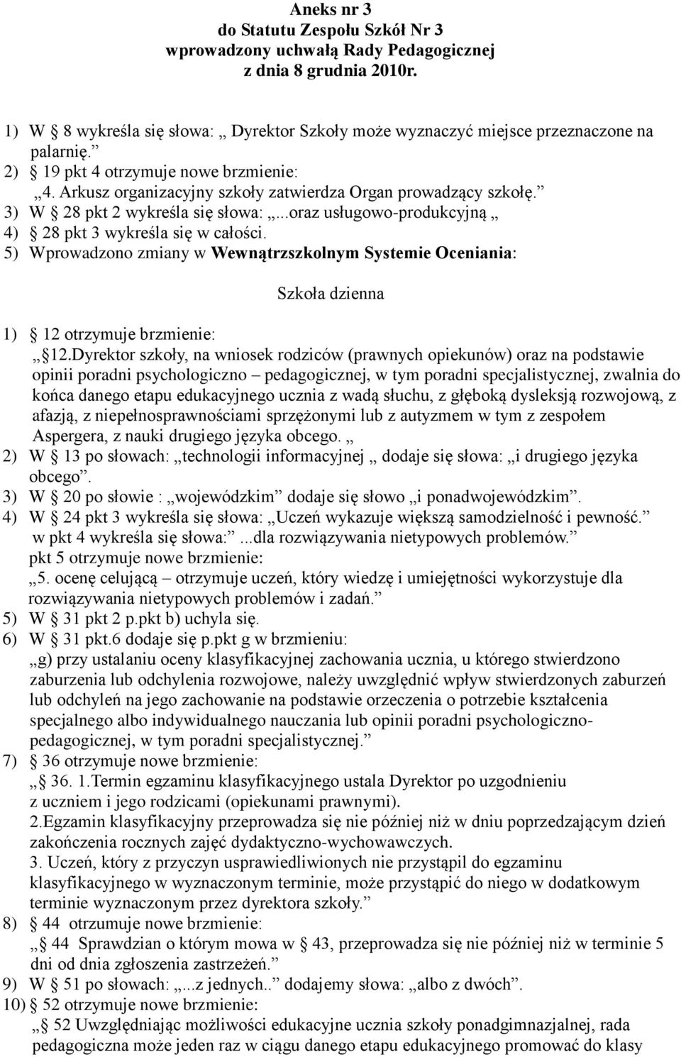 5) Wprowadzono zmiany w Wewnątrzszkolnym Systemie Oceniania: Szkoła dzienna 1) 12 otrzymuje brzmienie: 12.