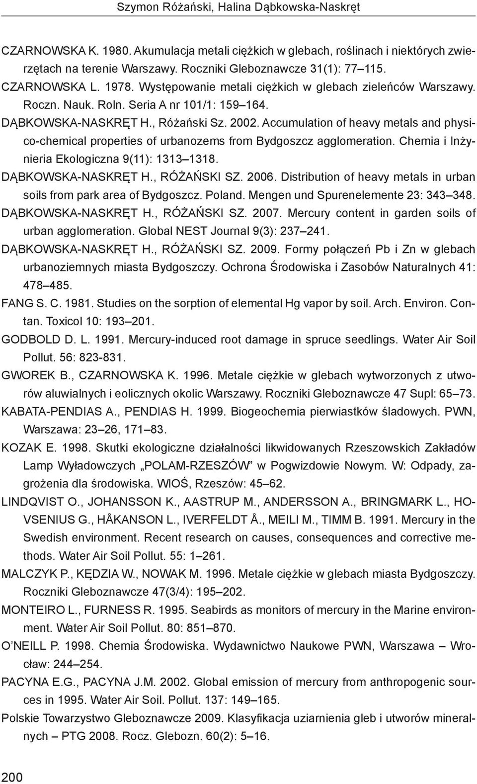 Accumulation of heavy metals and physico-chemical properties of urbanozems from Bydgoszcz agglomeration. Chemia i Inżynieria Ekologiczna 9(11): 1313 1318. Dąbkowska-Naskręt H., Różański Sz. 2006.