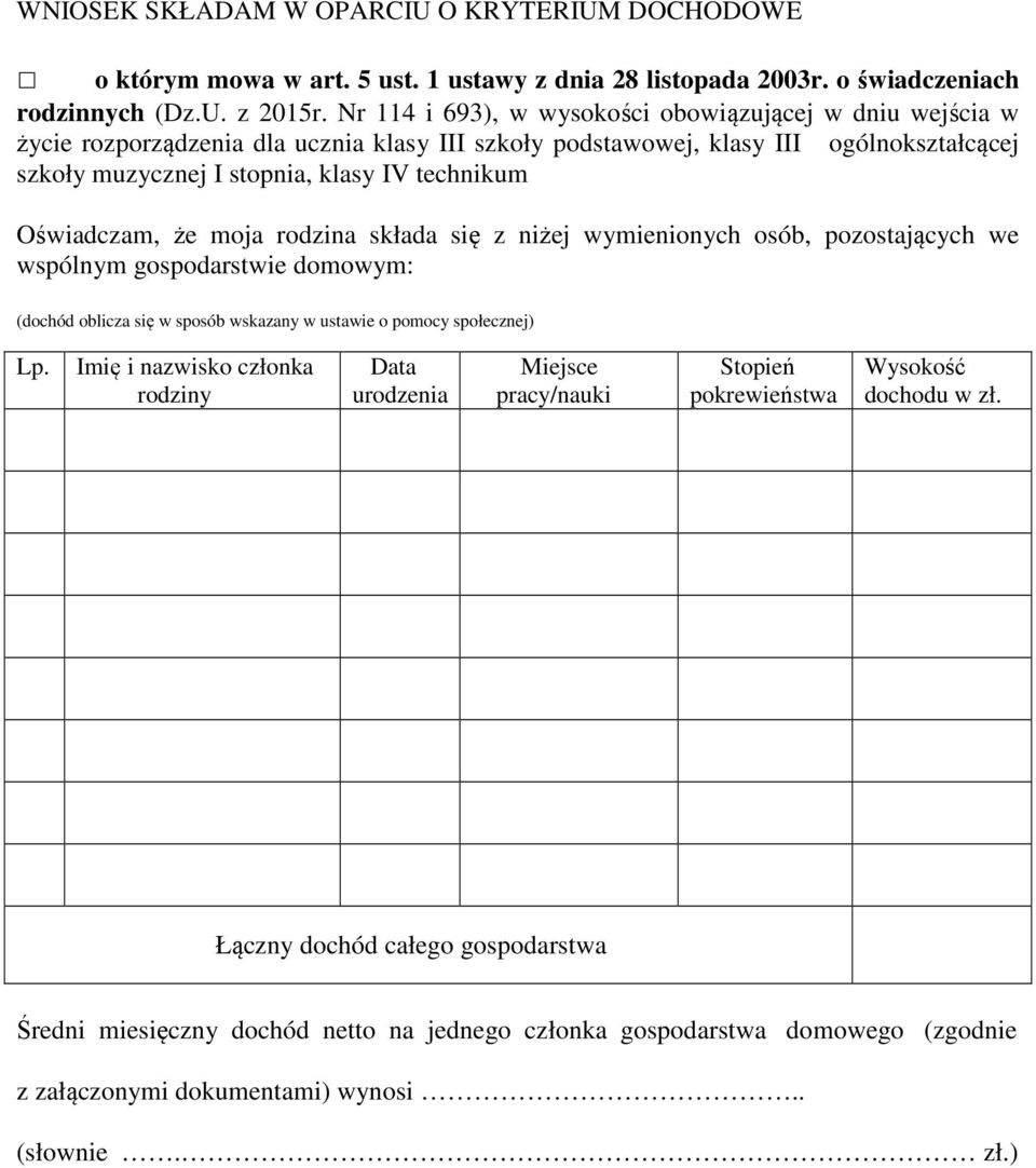 Oświadczam, że moja rodzina składa się z niżej wymienionych osób, pozostających we wspólnym gospodarstwie domowym: (dochód oblicza się w sposób wskazany w ustawie o pomocy społecznej) Lp.