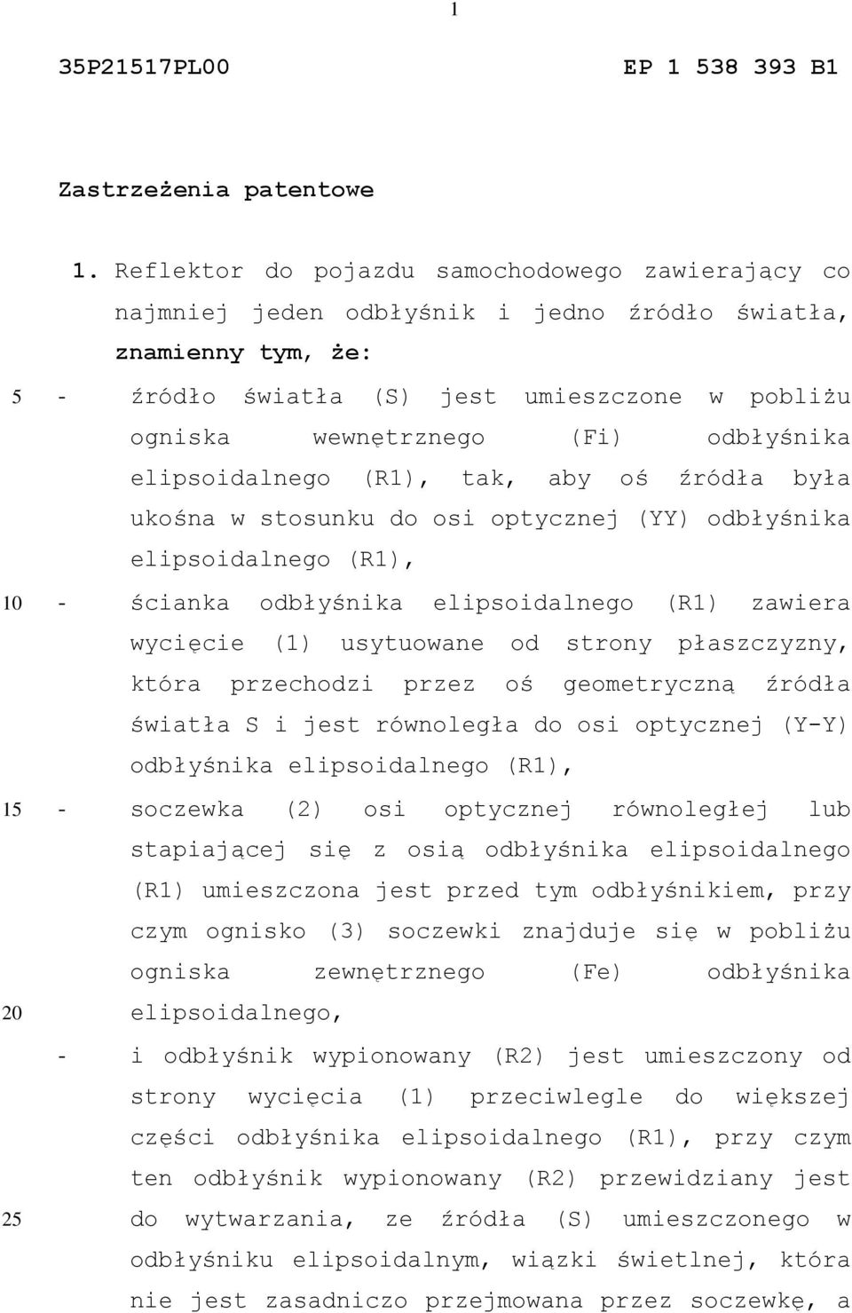 odbłyśnika elipsoidalnego (R1), tak, aby oś źródła była ukośna w stosunku do osi optycznej (YY) odbłyśnika elipsoidalnego (R1), - ścianka odbłyśnika elipsoidalnego (R1) zawiera wycięcie (1)