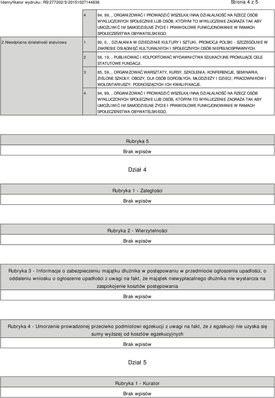 Nieodpłatna działalność statutowa 1 90, 0,, DZIAŁANIA W DZIEDZINIE KULTURY I SZTUKI, PROMOCJI POLSKI - SZCZEGÓLNIE W ZAKRESIE OSIĄGNIĘĆ KULTURALNYCH I SPOŁECZNYCH OSÓB NIEPEŁNOSPRAWNYCH.