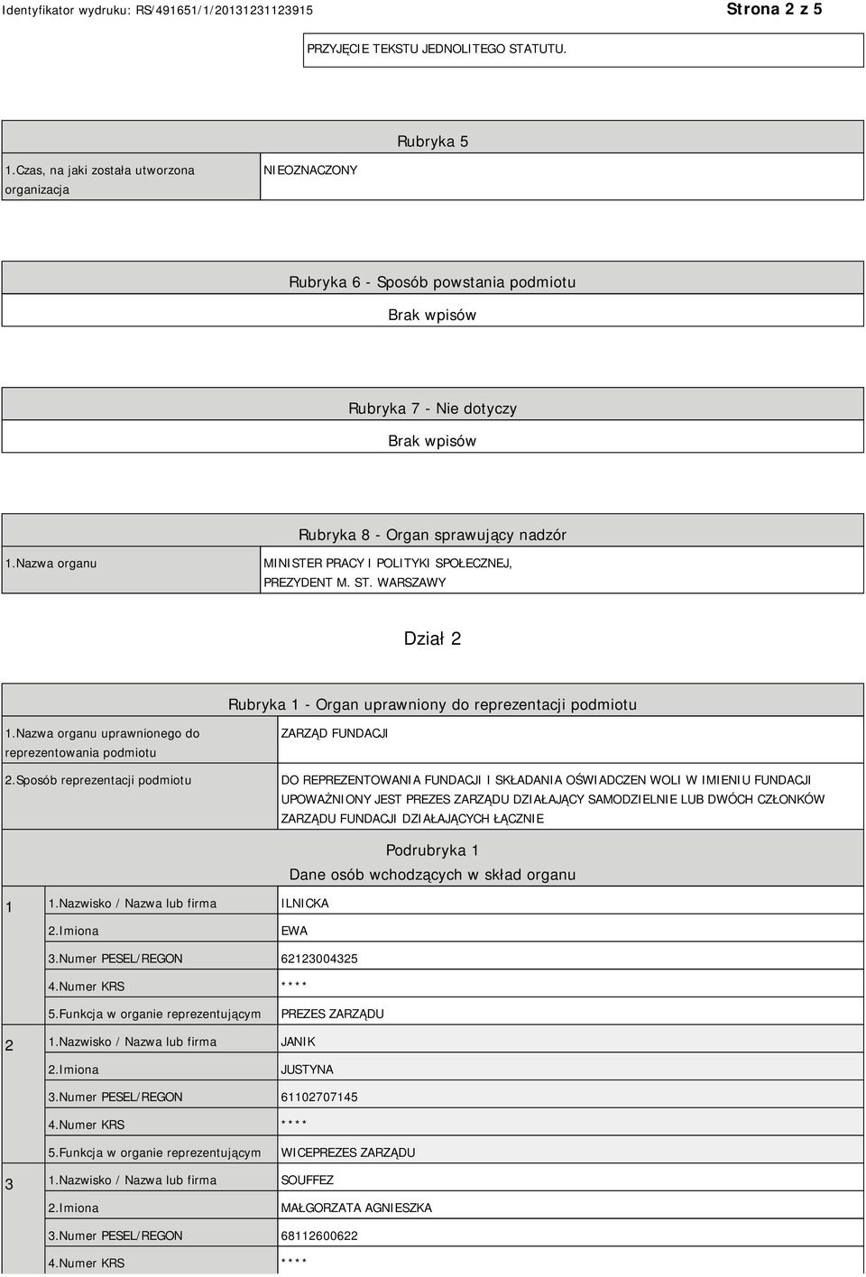 Nazwa organu MINISTER PRACY I POLITYKI SPOŁECZNEJ, PREZYDENT M. ST. WARSZAWY Dział 2 Rubryka 1 - Organ uprawniony do reprezentacji podmiotu 1.Nazwa organu uprawnionego do reprezentowania podmiotu 2.