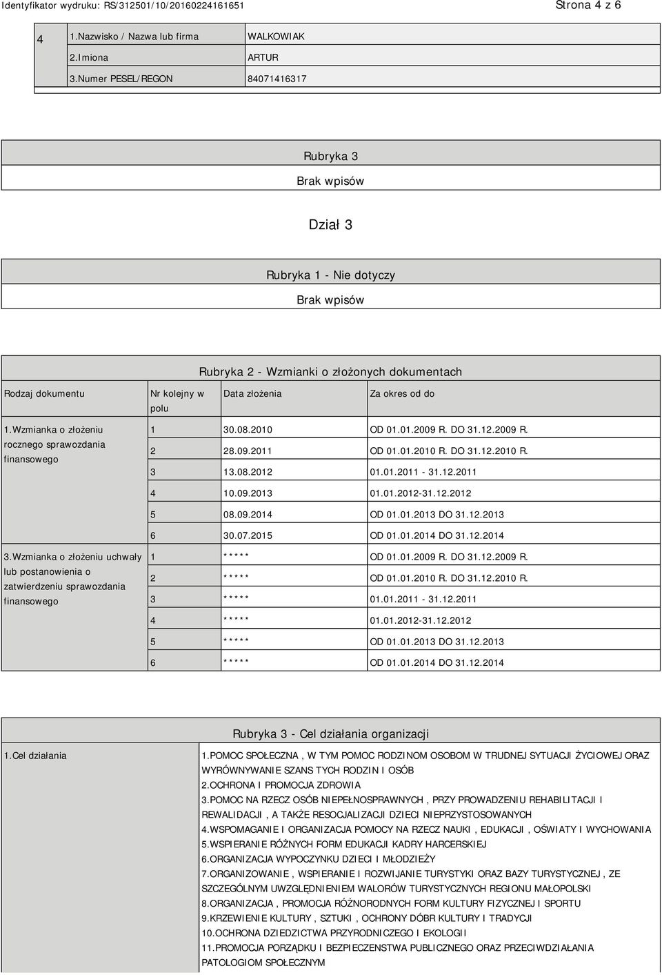 Wzmianka o złożeniu rocznego sprawozdania finansowego 1 30.08.2010 OD 01.01.2009 R. DO 31.12.2009 R. 2 28.09.2011 OD 01.01.2010 R. DO 31.12.2010 R. 3 13.08.2012 01.01.2011-31.12.2011 4 10.09.2013 01.