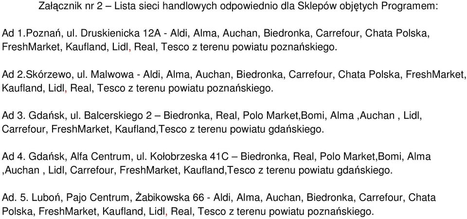 Malwowa - Aldi, Alma, Auchan, Biedronka, Carrefour, Chata Polska, FreshMarket, Kaufland, Lidl, Real, Tesco z terenu powiatu poznańskiego. Ad 3. Gdańsk, ul.