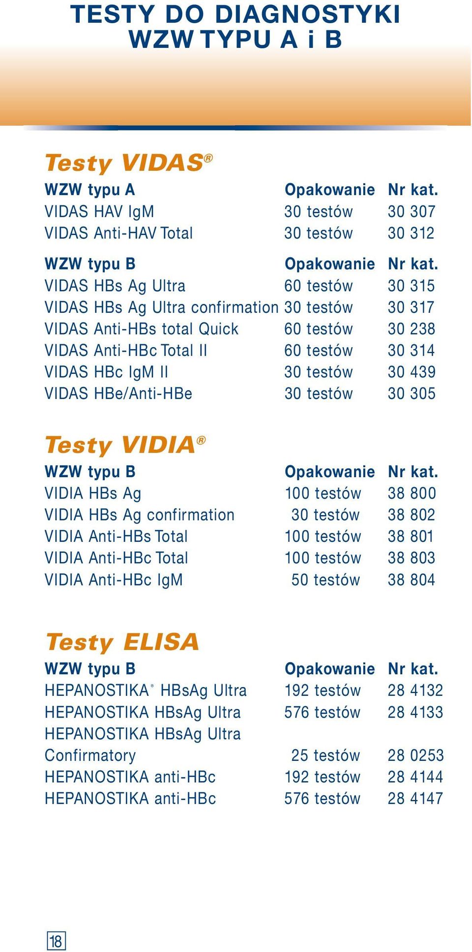 439 VIDAS HBe/Anti-HBe 30 testów 30 305 Testy VIDIA WZW typu B Opakowanie Nr kat.