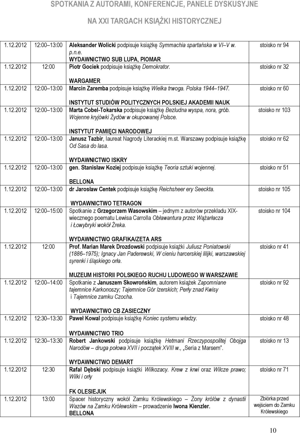 Wojenne kryjówki Żydów w okupowanej Polsce. INSTYTUT PAMIĘCI NARODOWEJ 1.12.2012 12:00 13:00 Janusz Tazbir, laureat Nagrody Literackiej m.st. Warszawy podpisuje książkę Od Sasa do lasa.