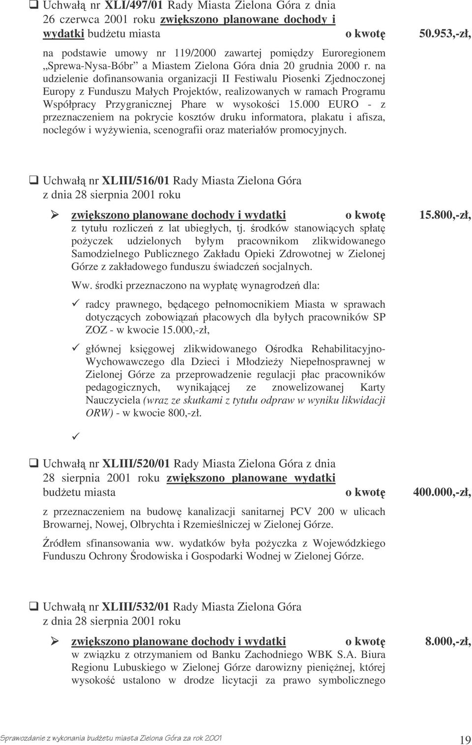 na udzielenie dofinansowania organizacji II Festiwalu Piosenki Zjednoczonej Europy z Funduszu Małych Projektów, realizowanych w ramach Programu Współpracy Przygranicznej Phare w wysokoci 15.