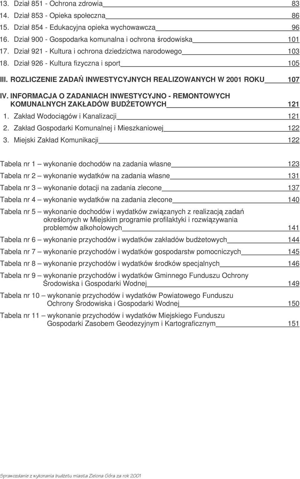 INFORMACJA O ZADANIACH INWESTYCYJNO - REMONTOWYCH KOMUNALNYCH ZAKŁADÓW BUDETOWYCH 121 1. Zakład Wodocigów i Kanalizacji 121 2. Zakład Gospodarki Komunalnej i Mieszkaniowej 122 3.