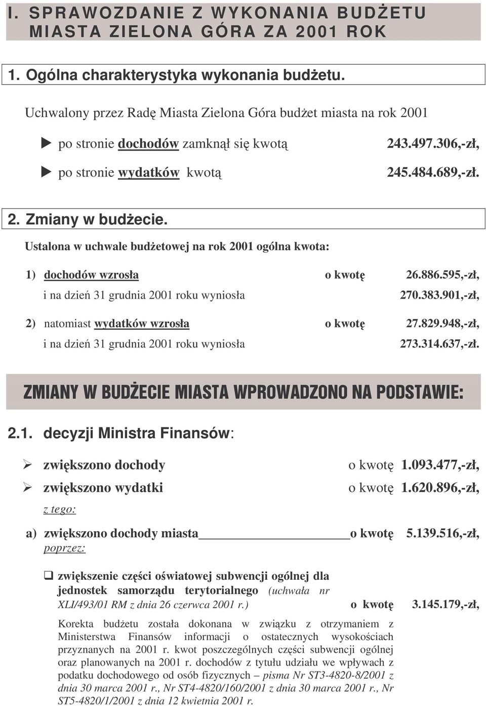 Ustalona w uchwale budetowej na rok 2001 ogólna kwota: 1) dochodów wzrosła o kwot 26.886.595,-zł, i na dzie 31 grudnia 2001 roku wyniosła 270.383.901,-zł, 2) natomiast wydatków wzrosła o kwot 27.829.