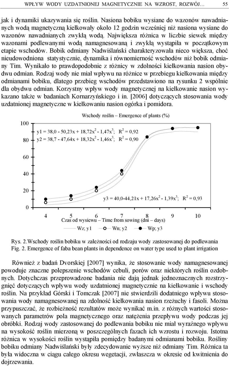 Największa różnica w liczbie siewek między wazonami podlewanymi wodą namagnesowaną i zwykłą wystąpiła w początkowym etapie wschodów.