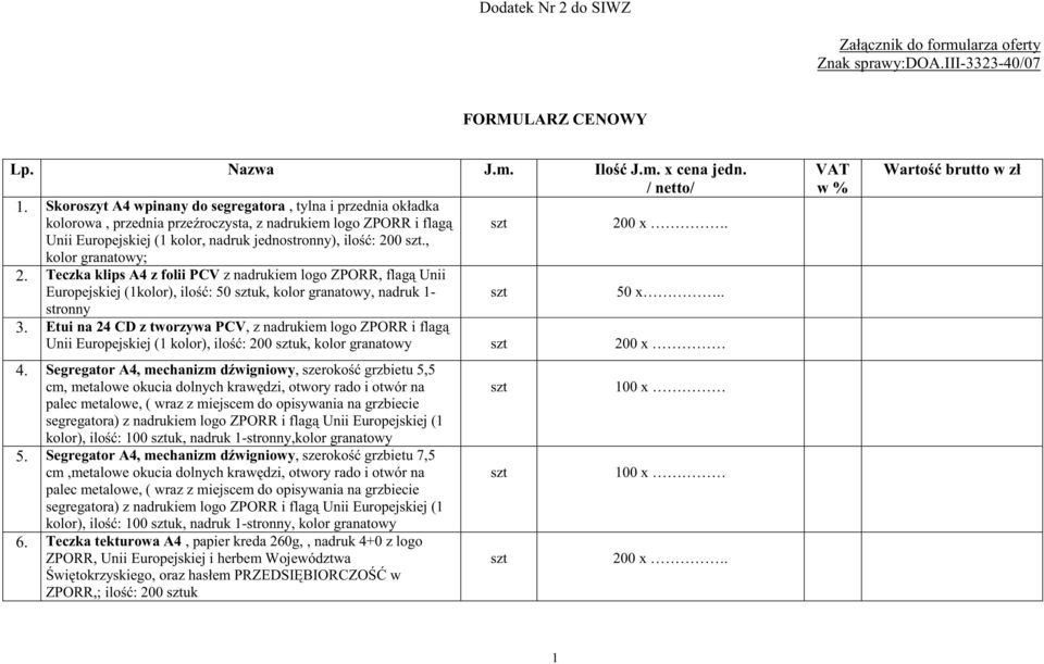 , kolor granatowy; 2. Teczka klips A4 z folii PCV z nadrukiem logo ZPORR, flag Unii Europejskiej (1kolor), ilo: 50 uk, kolor granatowy, nadruk 1-50 x.. stronny 3.