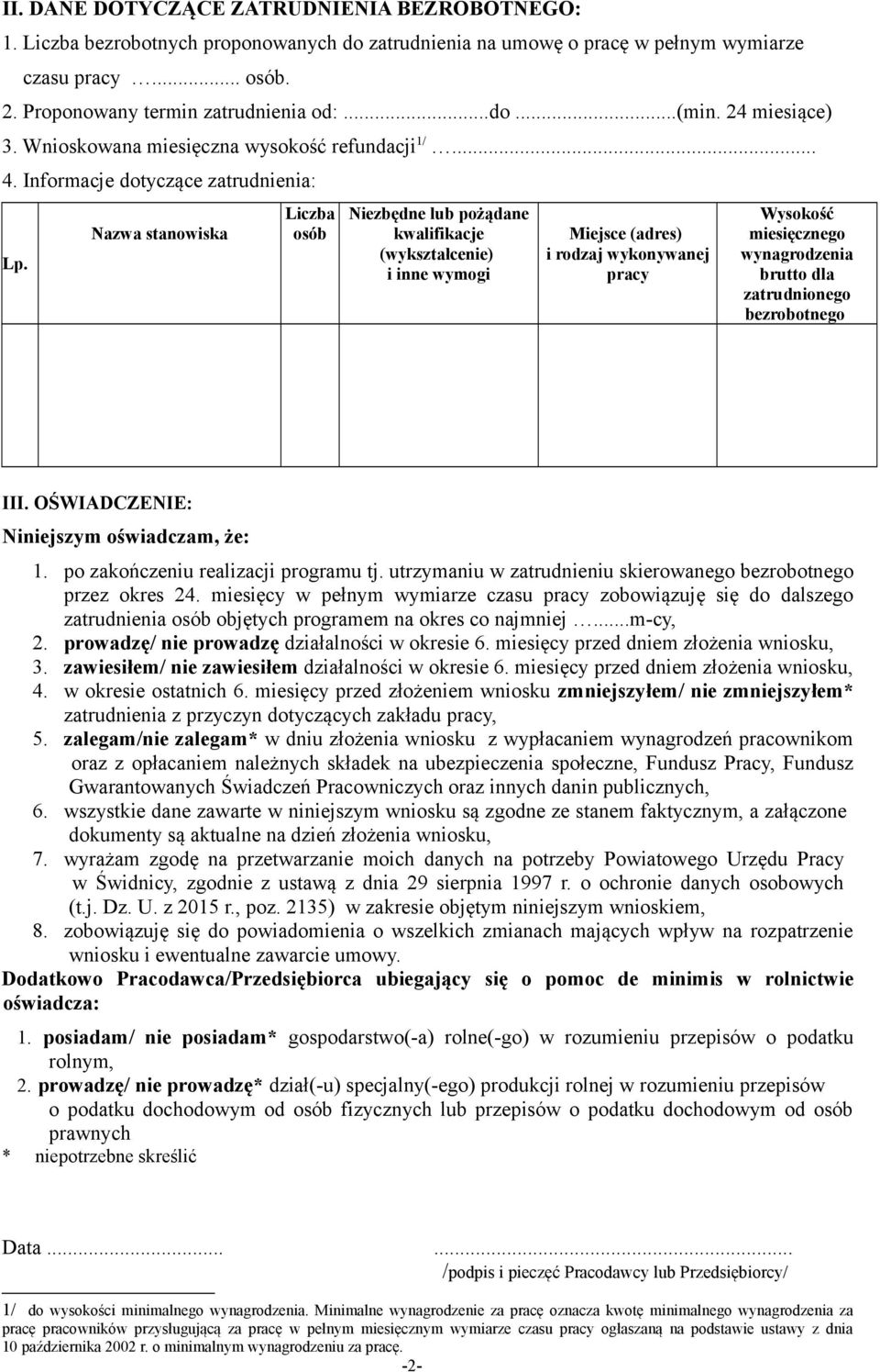 Nazwa stanowiska Liczba osób Niezbędne lub pożądane kwalifikacje (wykształcenie) i inne wymogi Miejsce (adres) i rodzaj wykonywanej pracy Wysokość miesięcznego wynagrodzenia brutto dla zatrudnionego