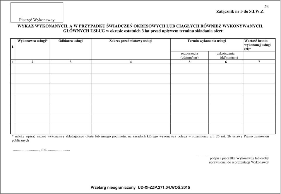 Wartość brutto L wykonanej usługi (zł)* rozpoczęcia (dd/mm/rrrr) zakończenia (dd/mm/rrrr) 1 2 3 4 5 6 7 * należy wpisać nazwę wykonawcy