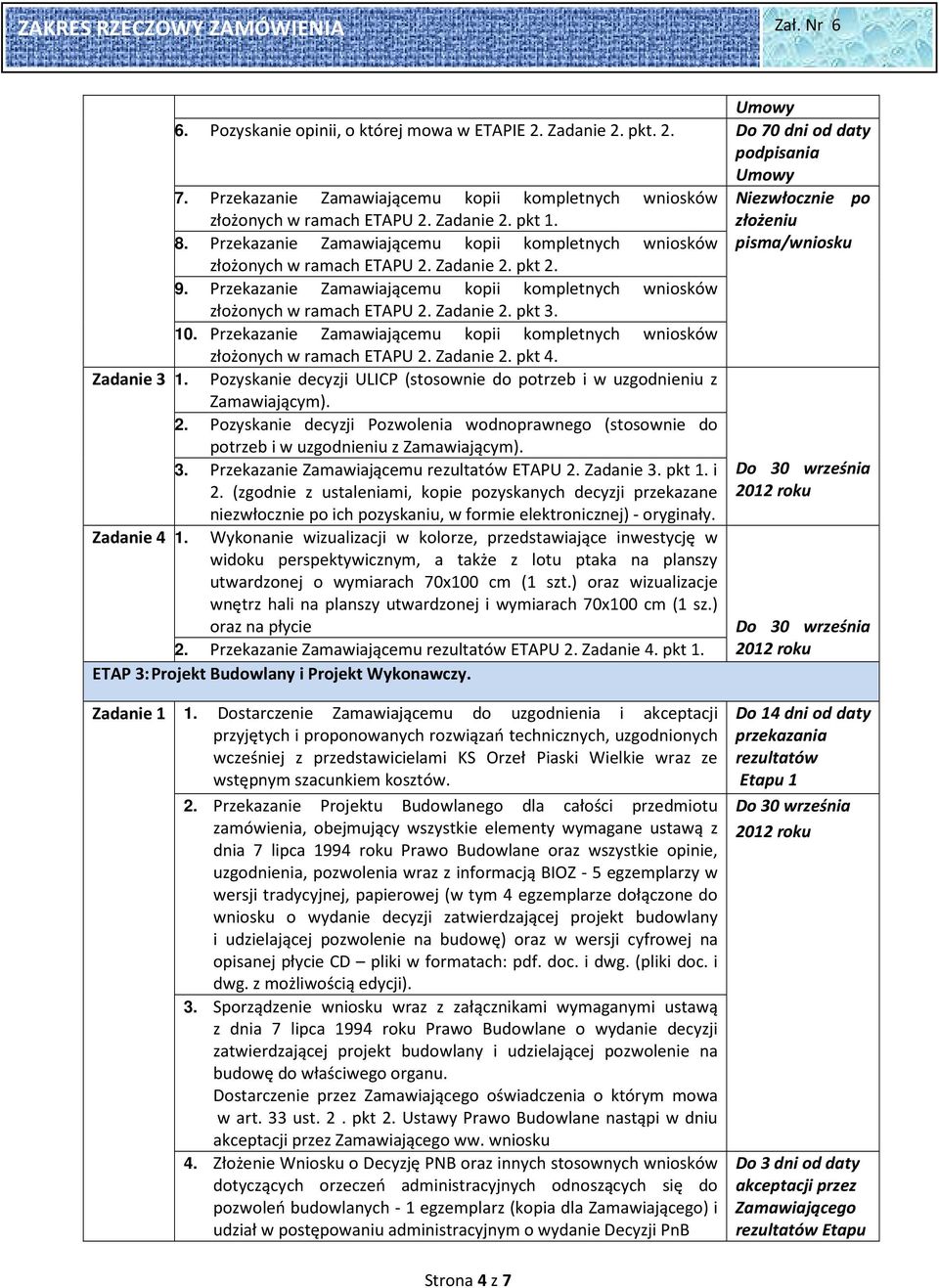 10. Przekazanie Zamawiającemu kopii kompletnych wniosków złożonych w ramach ETAPU 2. Zadanie 2. pkt 4. Zadanie 3 1. Pozyskanie decyzji ULICP (stosownie do potrzeb i w uzgodnieniu z Zamawiającym). 2. Pozyskanie decyzji Pozwolenia wodnoprawnego (stosownie do potrzeb i w uzgodnieniu z Zamawiającym).