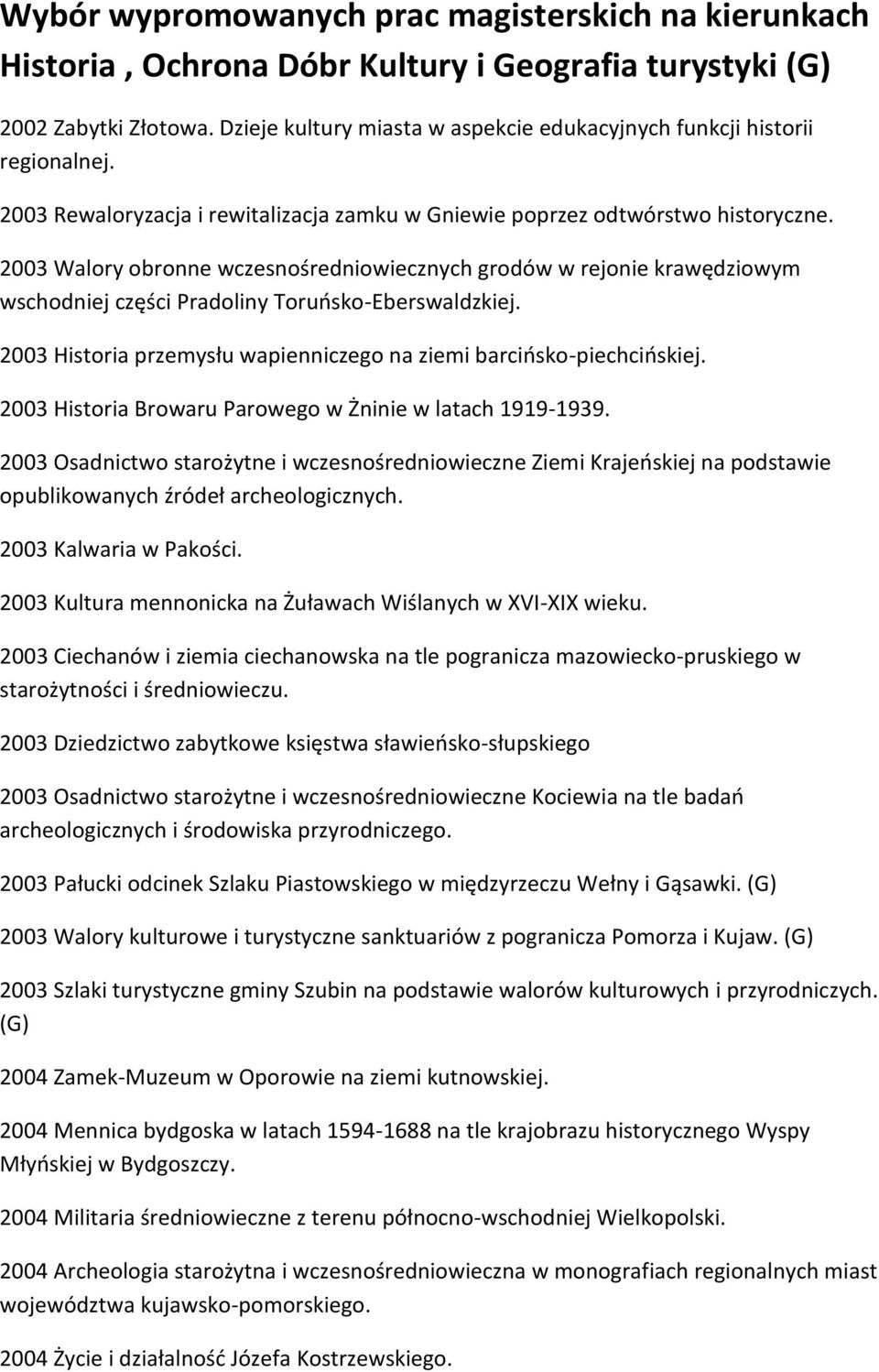 2003 Walory obronne wczesnośredniowiecznych grodów w rejonie krawędziowym wschodniej części Pradoliny Toruńsko-Eberswaldzkiej. 2003 Historia przemysłu wapienniczego na ziemi barcińsko-piechcińskiej.