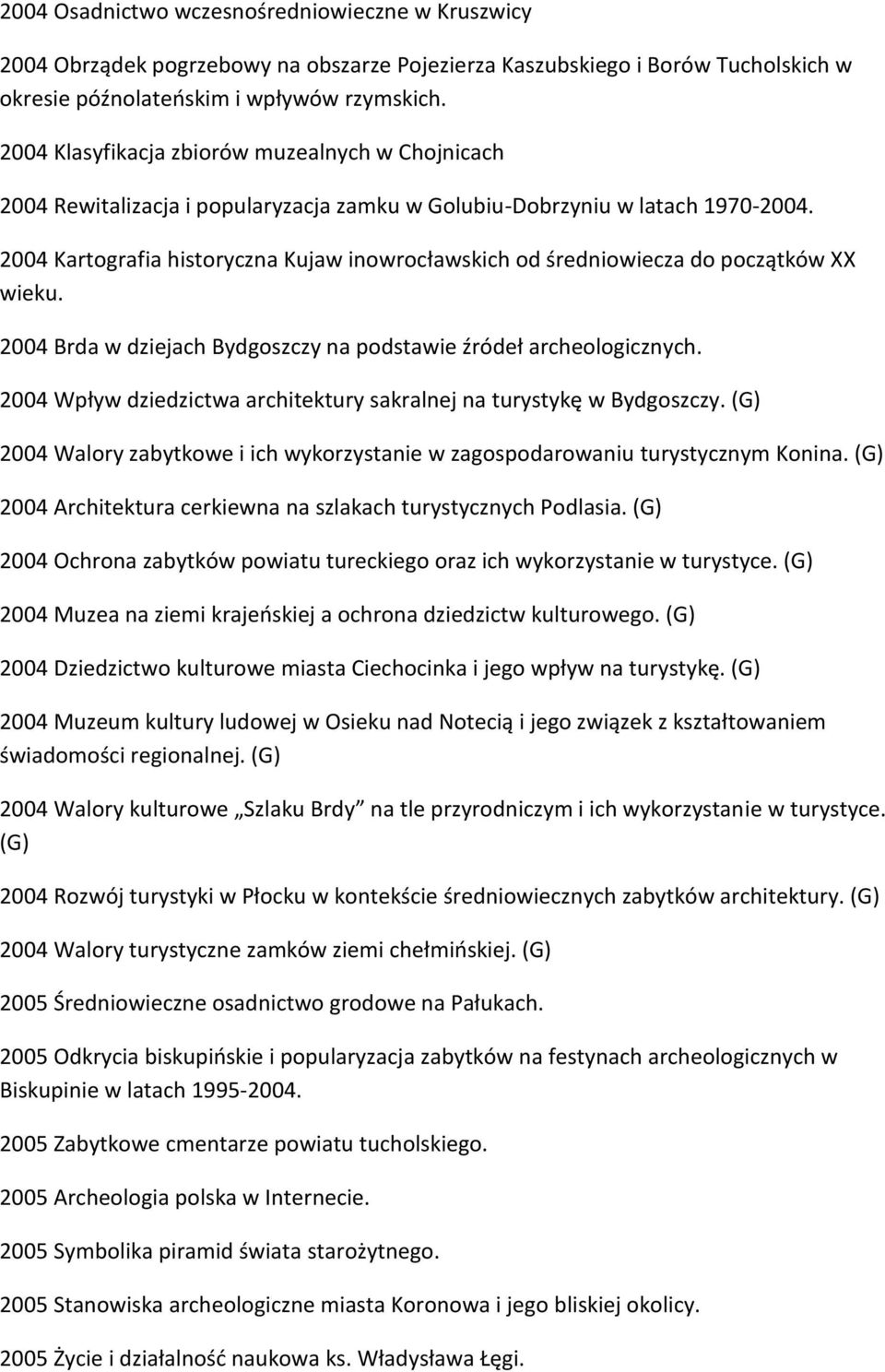 2004 Kartografia historyczna Kujaw inowrocławskich od średniowiecza do początków XX wieku. 2004 Brda w dziejach Bydgoszczy na podstawie źródeł archeologicznych.