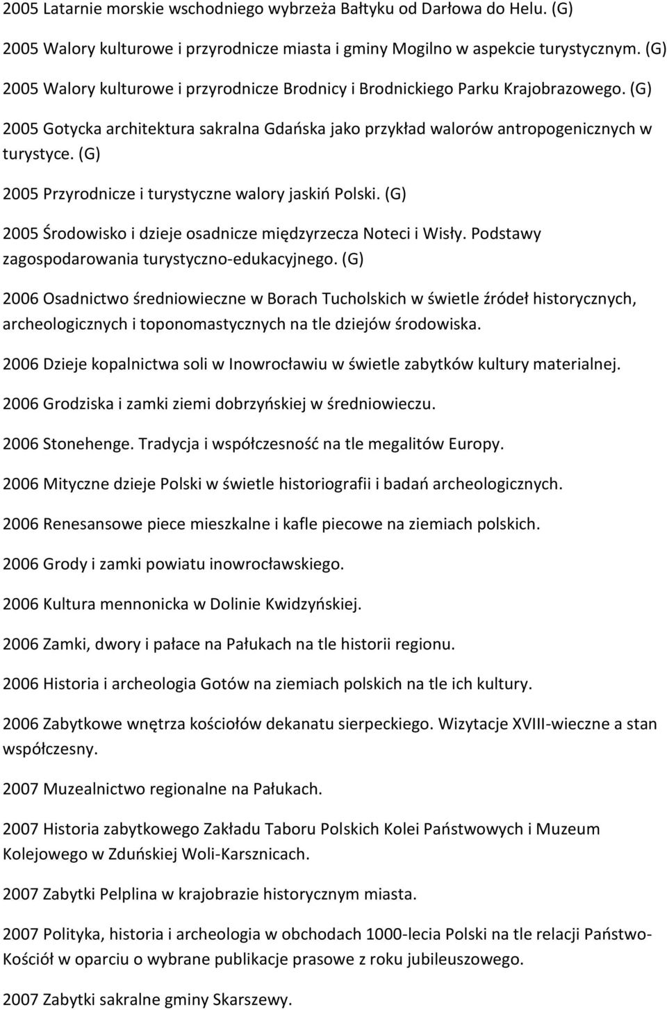 (G) 2005 Przyrodnicze i turystyczne walory jaskiń Polski. (G) 2005 Środowisko i dzieje osadnicze międzyrzecza Noteci i Wisły. Podstawy zagospodarowania turystyczno-edukacyjnego.