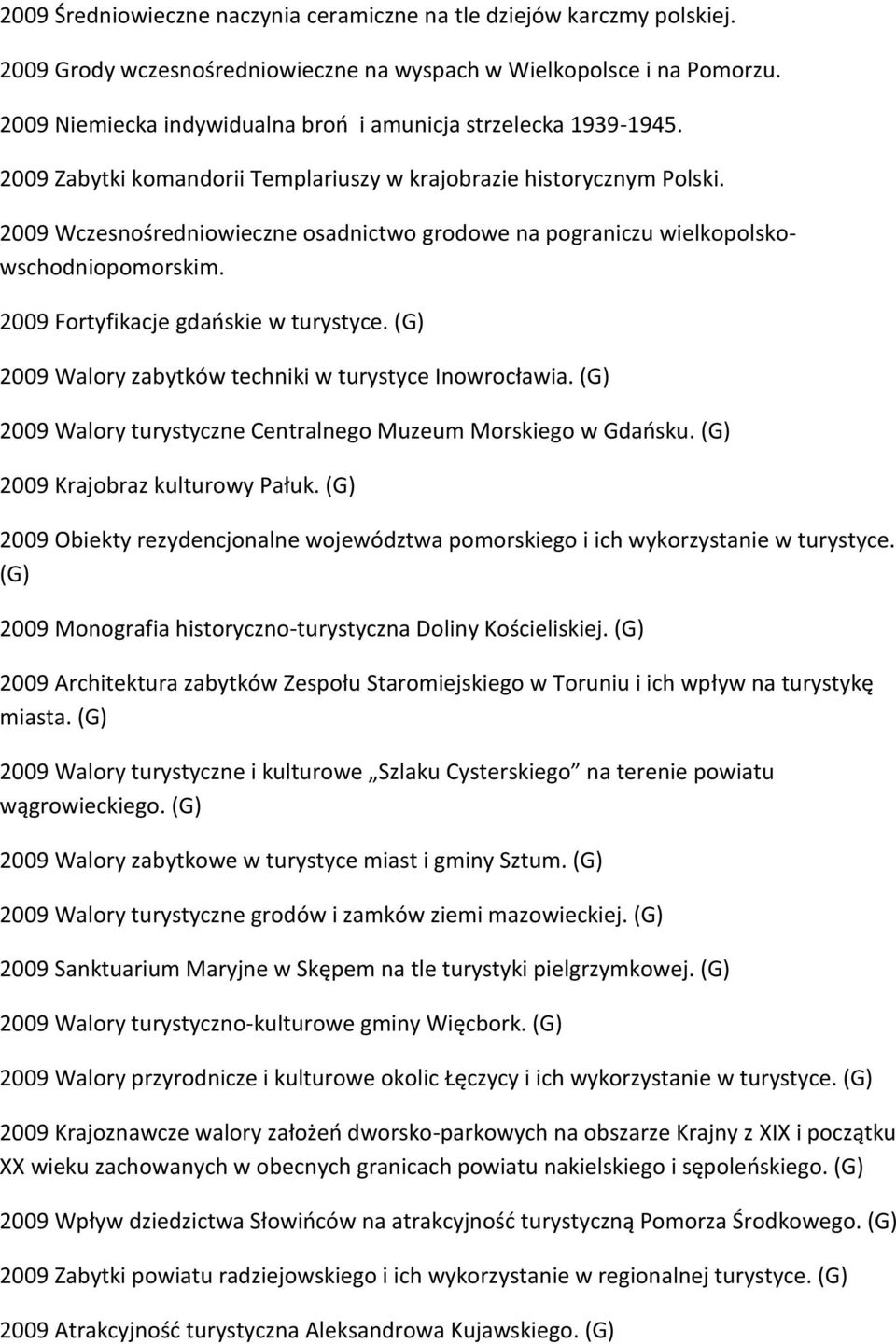 2009 Wczesnośredniowieczne osadnictwo grodowe na pograniczu wielkopolskowschodniopomorskim. 2009 Fortyfikacje gdańskie w turystyce. (G) 2009 Walory zabytków techniki w turystyce Inowrocławia.