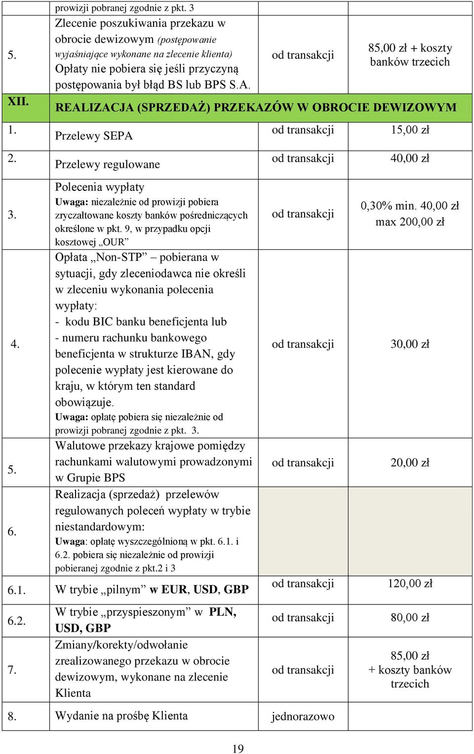 19 85,00 zł + koszty banków trzecich REALIZACJA (SPRZEDAŻ) PRZEKAZÓW W OBROCIE DEWIZOWYM Przelewy SEPA Przelewy regulowane Polecenia wypłaty Uwaga: niezależnie od prowizji pobiera zryczałtowane