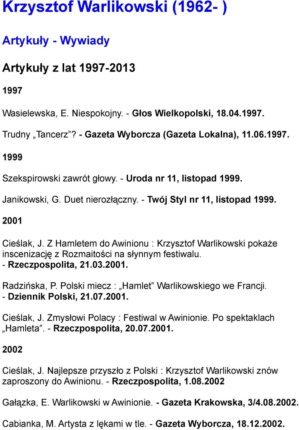 Z Hamletem do Awinionu : Krzysztof Warlikowski pokaże inscenizację z Rozmaitości na słynnym festiwalu. - Rzeczpospolita, 21.03.2001. Radzińska, P. Polski miecz : Hamlet Warlikowskiego we Francji.