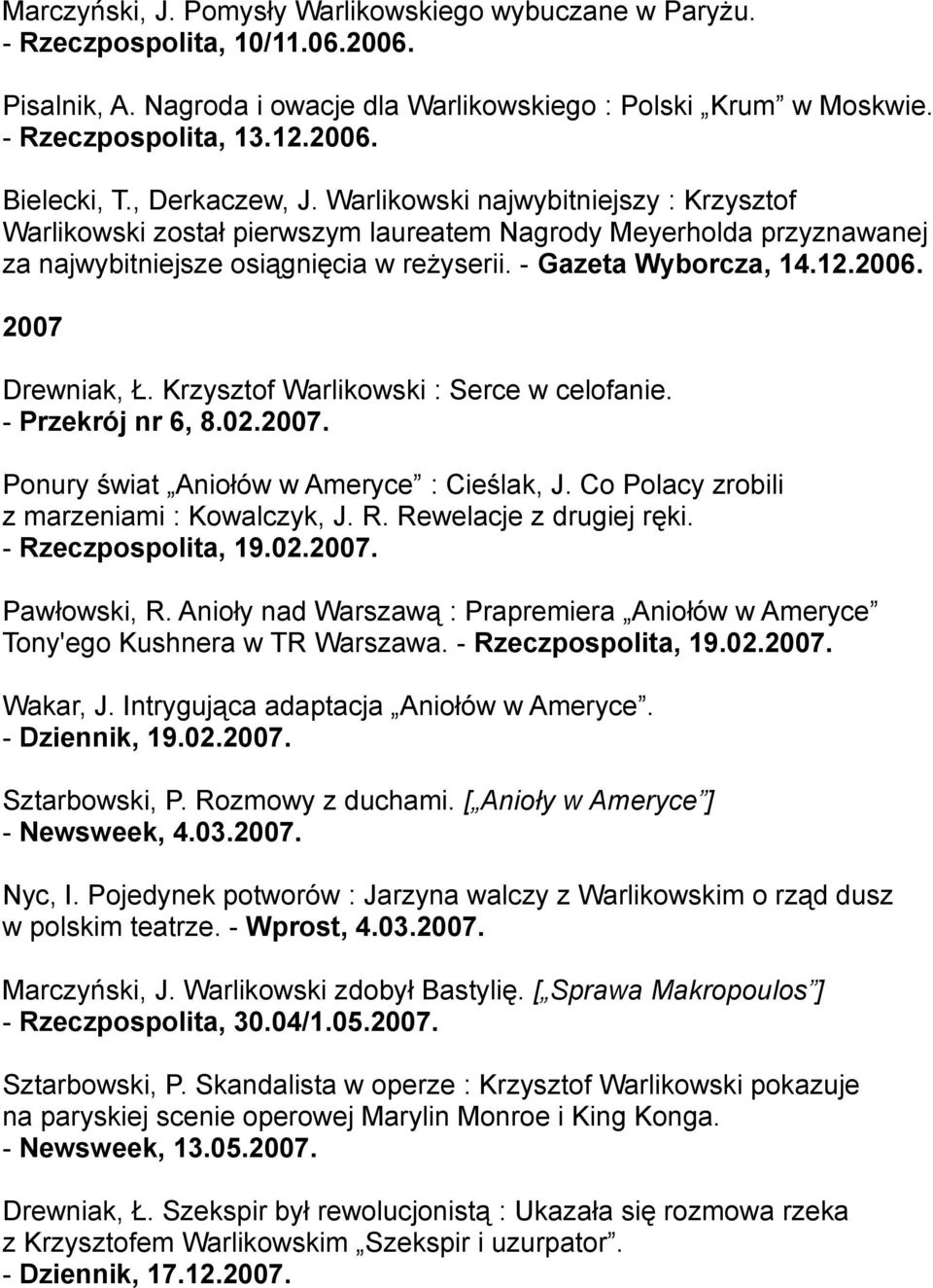 2006. 2007 Drewniak, Ł. Krzysztof Warlikowski : Serce w celofanie. - Przekrój nr 6, 8.02.2007. Ponury świat Aniołów w Ameryce : Cieślak, J. Co Polacy zrobili z marzeniami : Kowalczyk, J. R.