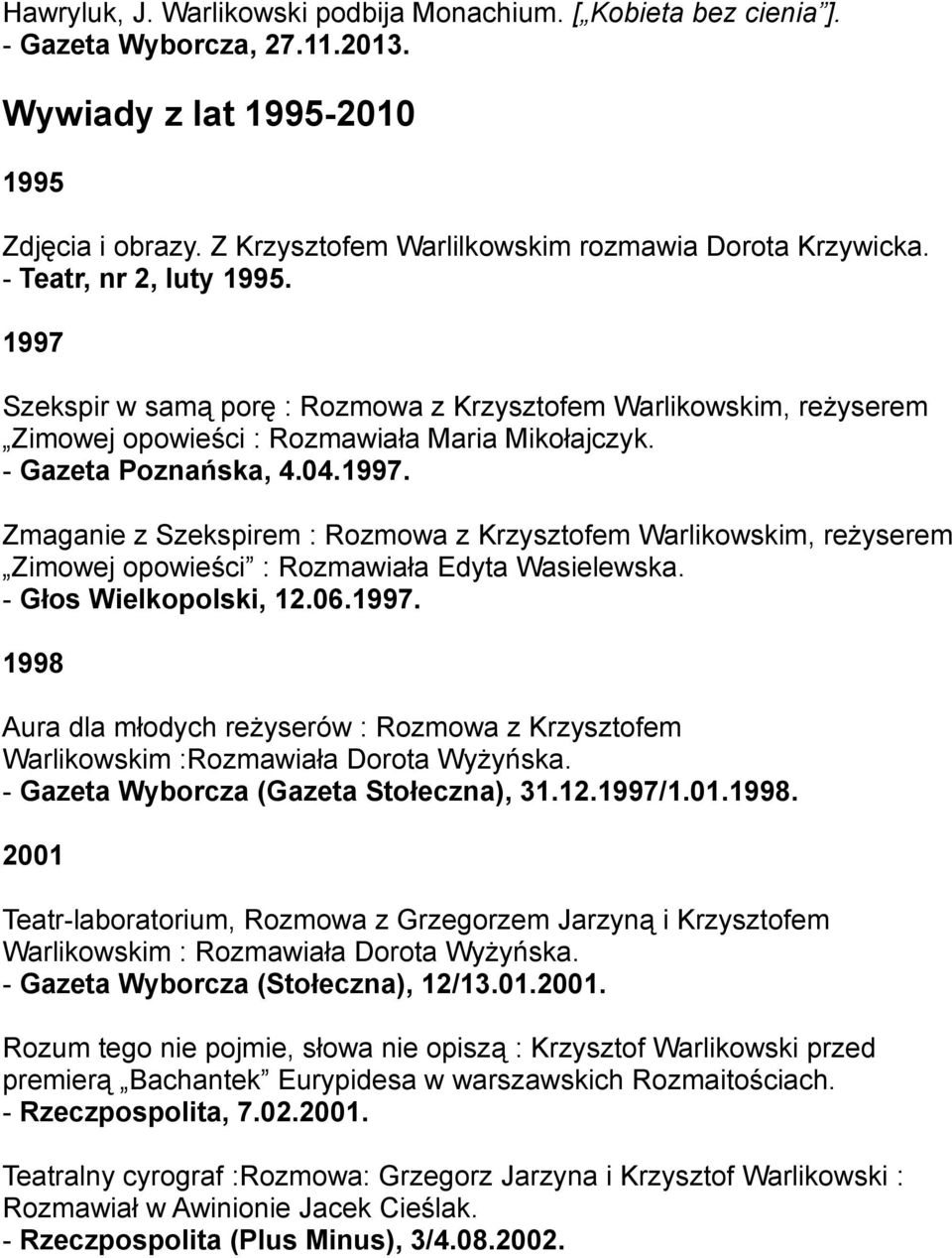 - Głos Wielkopolski, 12.06.1997. 1998 Aura dla młodych reżyserów : Rozmowa z Krzysztofem Warlikowskim :Rozmawiała Dorota Wyżyńska. - Gazeta Wyborcza (Gazeta Stołeczna), 31.12.1997/1.01.1998. 2001 Teatr-laboratorium, Rozmowa z Grzegorzem Jarzyną i Krzysztofem Warlikowskim : Rozmawiała Dorota Wyżyńska.