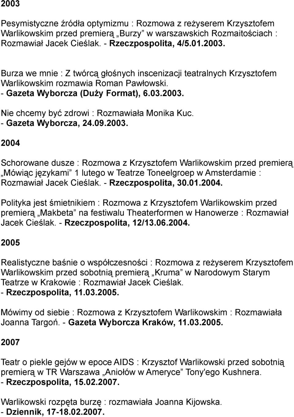 Nie chcemy być zdrowi : Rozmawiała Monika Kuc. - Gazeta Wyborcza, 24.09.2003.