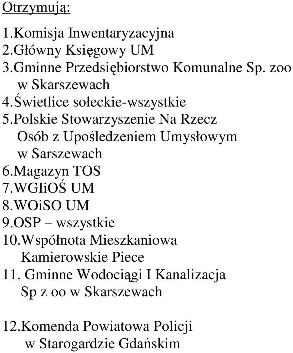 Polskie Stowarzyszenie Na Rzecz Osób z Upośledzeniem Umysłowym w Sarszewach 6.Magazyn TOS 7.WGIiOŚ UM 8.