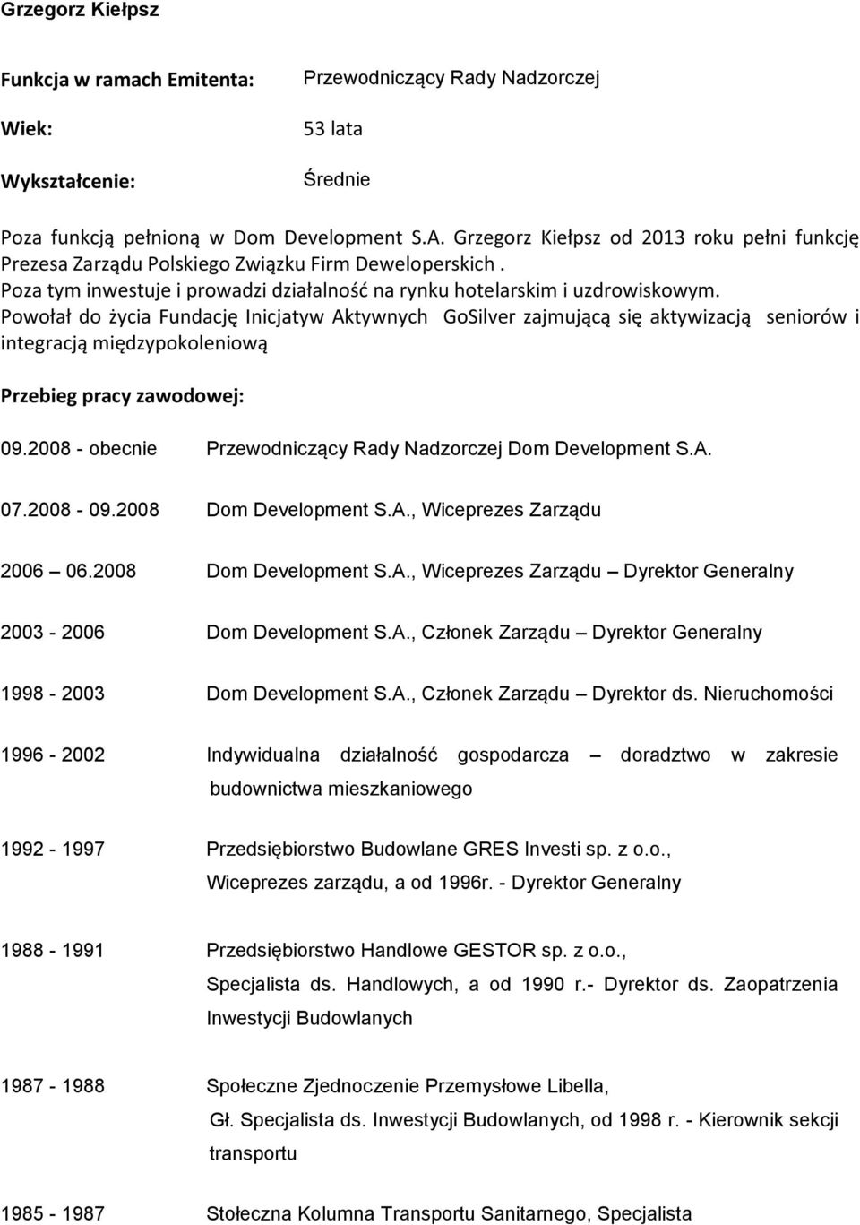 Powołał do życia Fundację Inicjatyw Aktywnych GoSilver zajmującą się aktywizacją seniorów i integracją międzypokoleniową 09.2008 - obecnie Przewodniczący Rady Nadzorczej Dom Development S.A. 07.