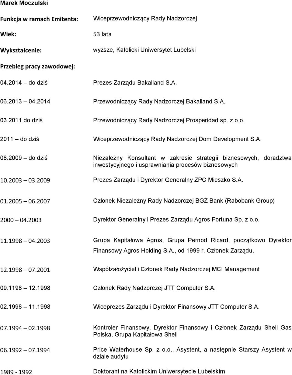 2009 do dziś Niezależny Konsultant w zakresie strategii biznesowych, doradztwa inwestycyjnego i usprawniania procesów biznesowych 10.2003 03.2009 Prezes Zarządu i Dyrektor Generalny ZPC Mieszko S.A.