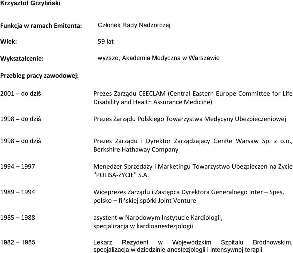 A. 1989 1994 Wiceprezes Zarządu i Zastępca Dyrektora Generalnego Inter Spes, polsko fińskiej spółki Joint Venture 1985 1988 asystent w Narodowym Instytucie Kardiologii, specjalizacja w