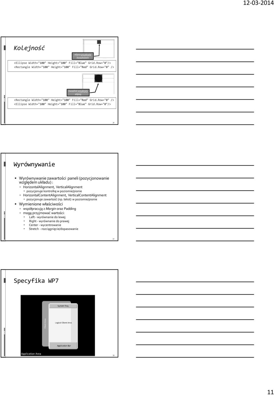 Row="0"/> 31 Wyrównywanie Wyrównywanie zawartości paneli (pozycjonowanie względem układu) : HorizontalAlignment, VerticalAlignment pozycjonuje kontrolkę w poziomie/pionie HorizontalContentAlignment,