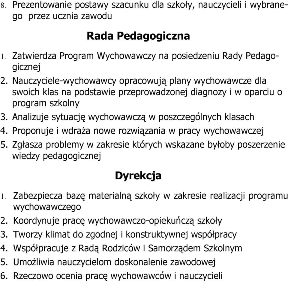 Proponuje i wdraża nowe rozwiązania w pracy wychowawczej 5. Zgłasza problemy w zakresie których wskazane byłoby poszerzenie wiedzy pedagogicznej Dyrekcja 1.