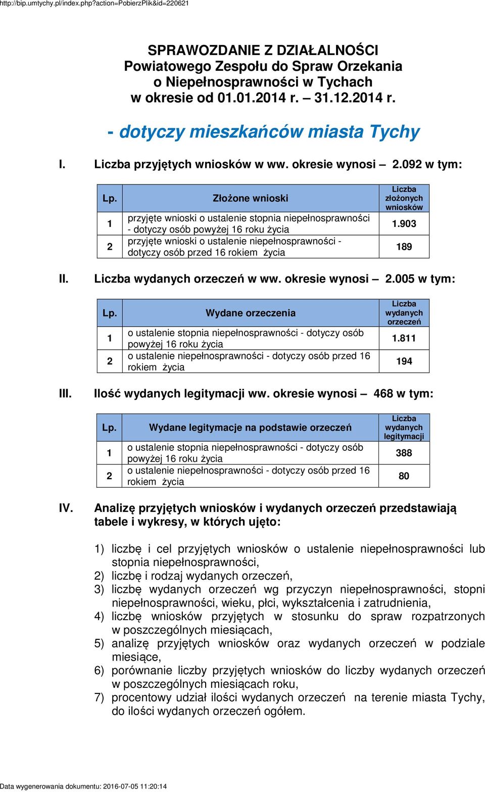 1 2 Złożone wnioski przyjęte wnioski o ustalenie stopnia niepełnosprawności - dotyczy osób powyżej 16 roku życia przyjęte wnioski o ustalenie niepełnosprawności - dotyczy osób przed 16 rokiem życia