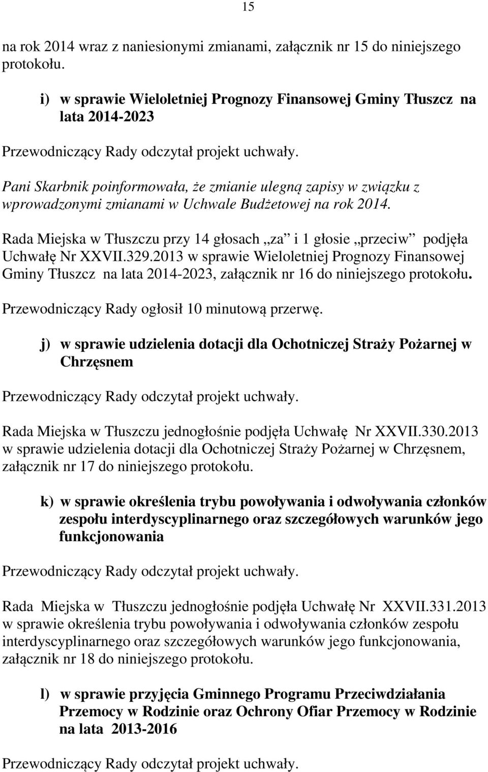 Rada Miejska w Tłuszczu przy 14 głosach za i 1 głosie przeciw podjęła Uchwałę Nr XXVII.329.