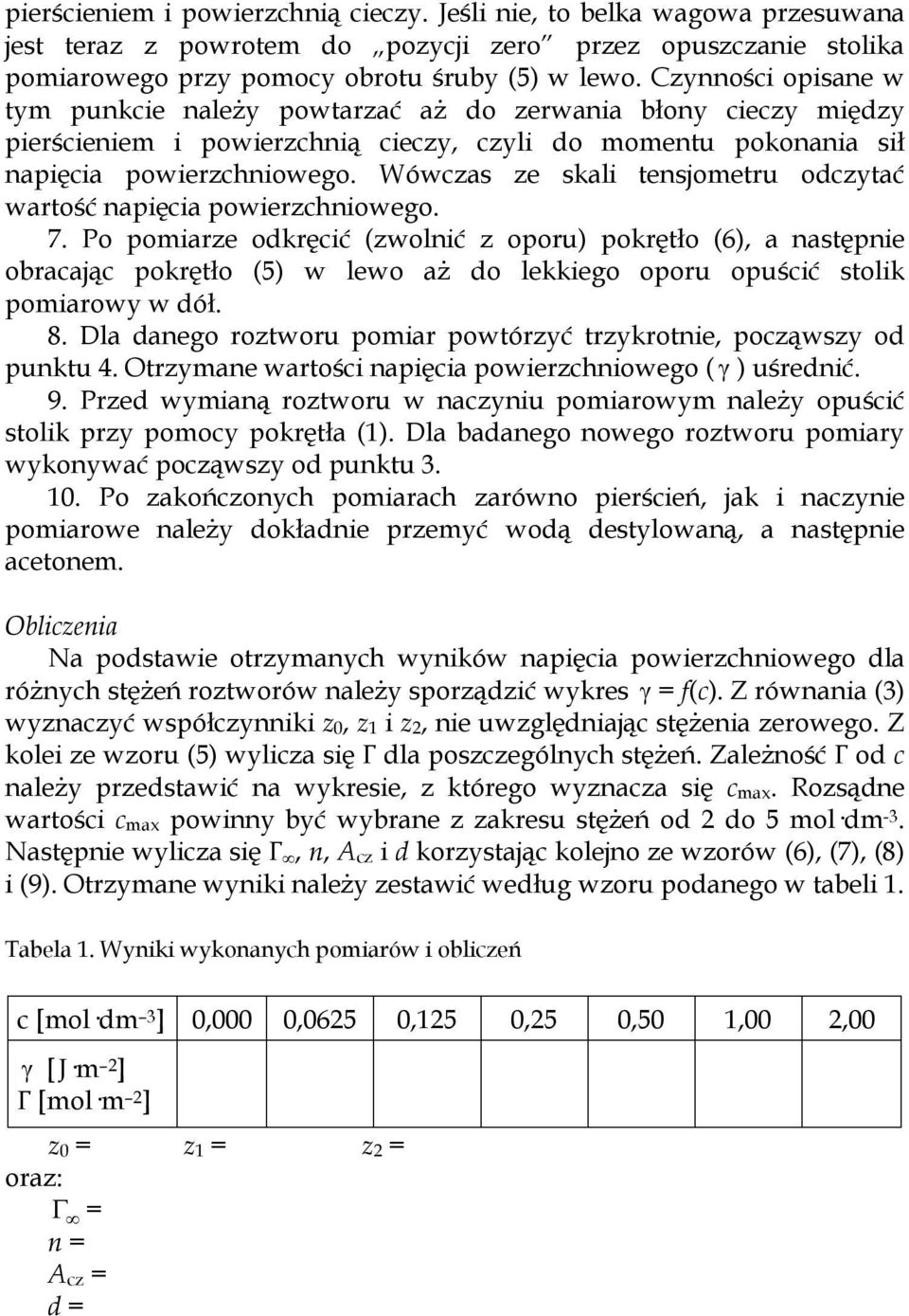 Wówczas ze skal tensjometru odczytać wartość napęca powerzchnowego. 7.