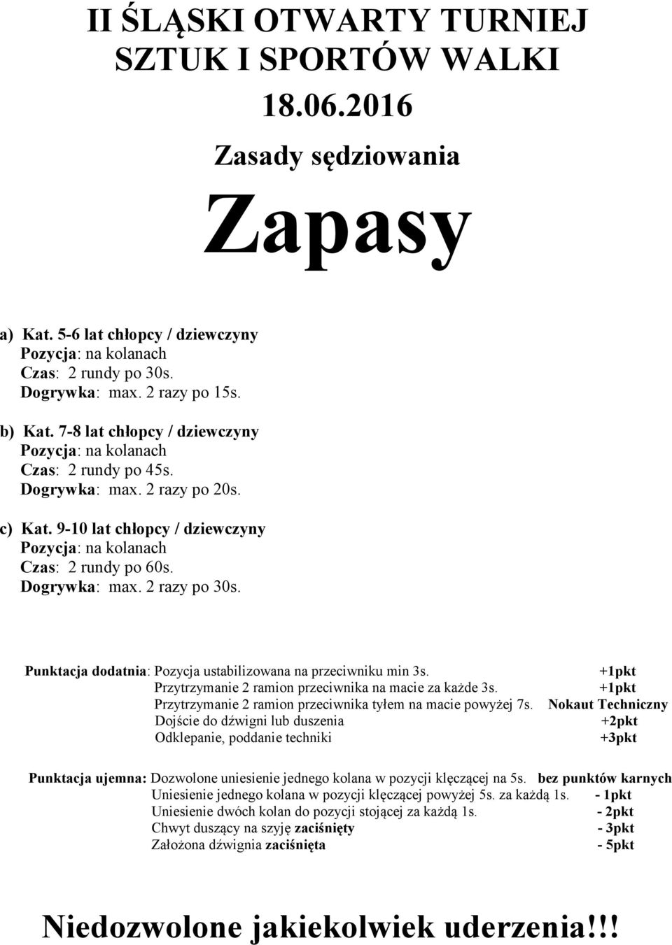 Nokaut Techniczny Dojście do dźwigni lub duszenia Odklepanie, poddanie techniki Punktacja ujemna: Dozwolone uniesienie jednego kolana w pozycji klęczącej na 5s.