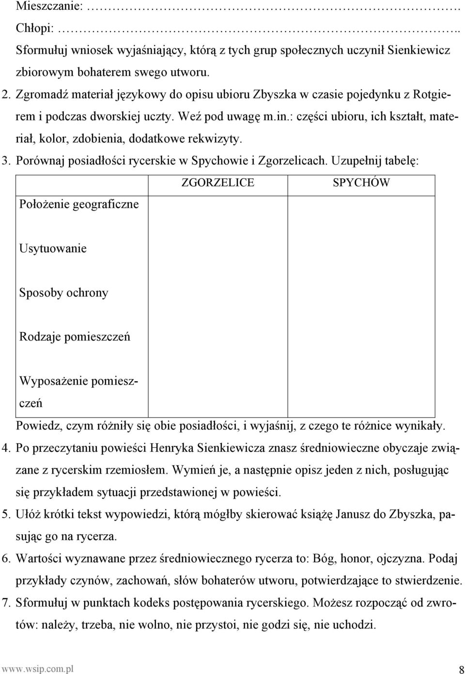 : części ubioru, ich kształt, materiał, kolor, zdobienia, dodatkowe rekwizyty. 3. Porównaj posiadłości rycerskie w Spychowie i Zgorzelicach.