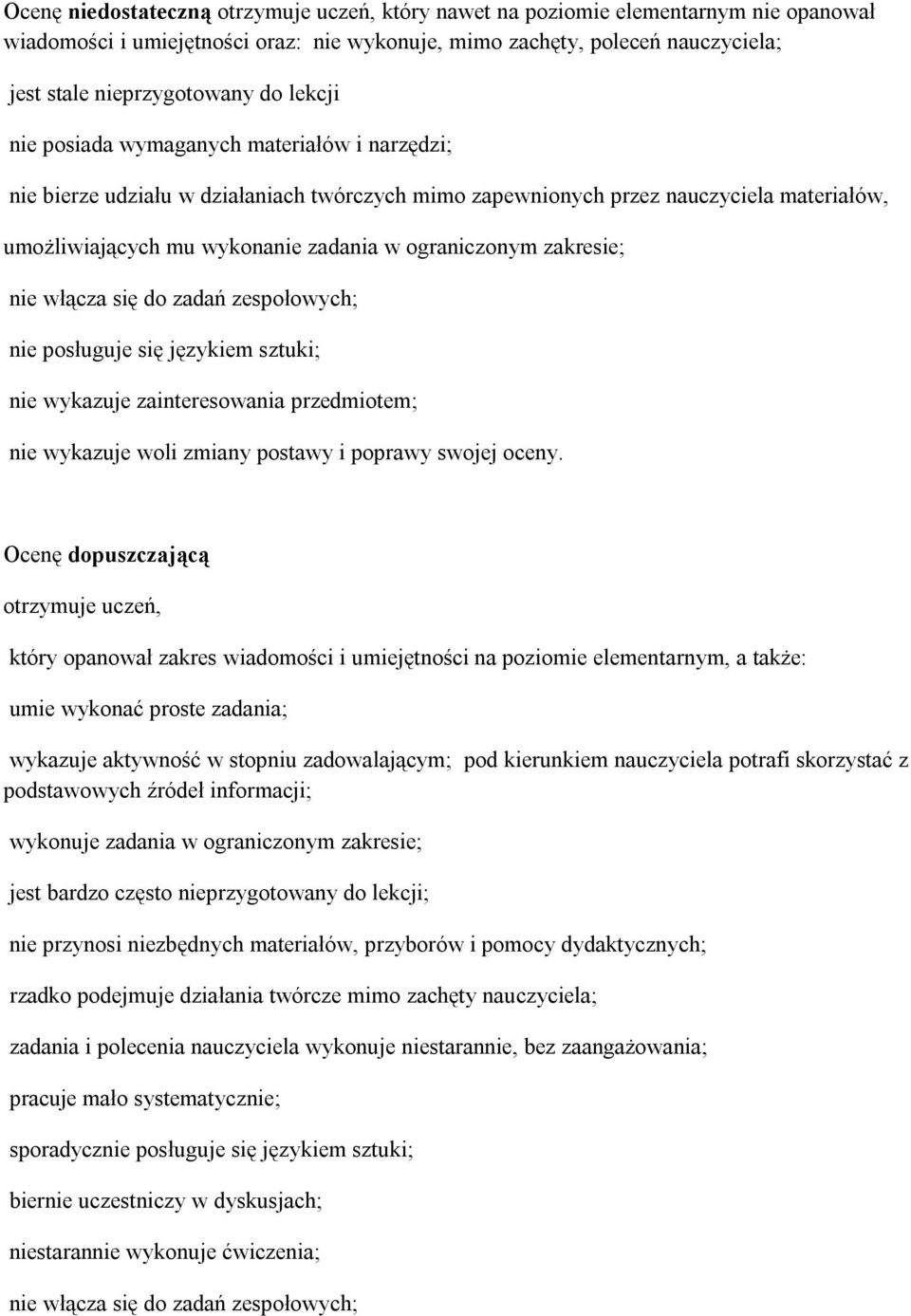 włącza się do zadań zespołowych; nie posługuje się językiem sztuki; nie wykazuje zainteresowania przedmiotem; nie wykazuje woli zmiany postawy i poprawy swojej oceny.