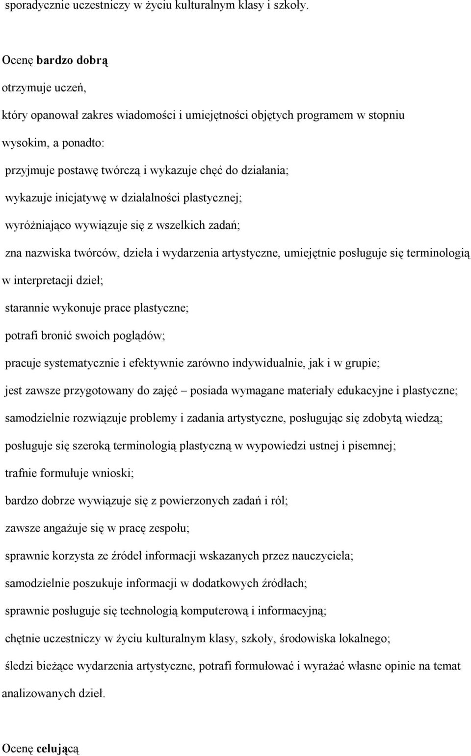 działalności plastycznej; wyróżniająco wywiązuje się z wszelkich zadań; zna nazwiska twórców, dzieła i wydarzenia artystyczne, umiejętnie posługuje się terminologią w interpretacji dzieł; starannie