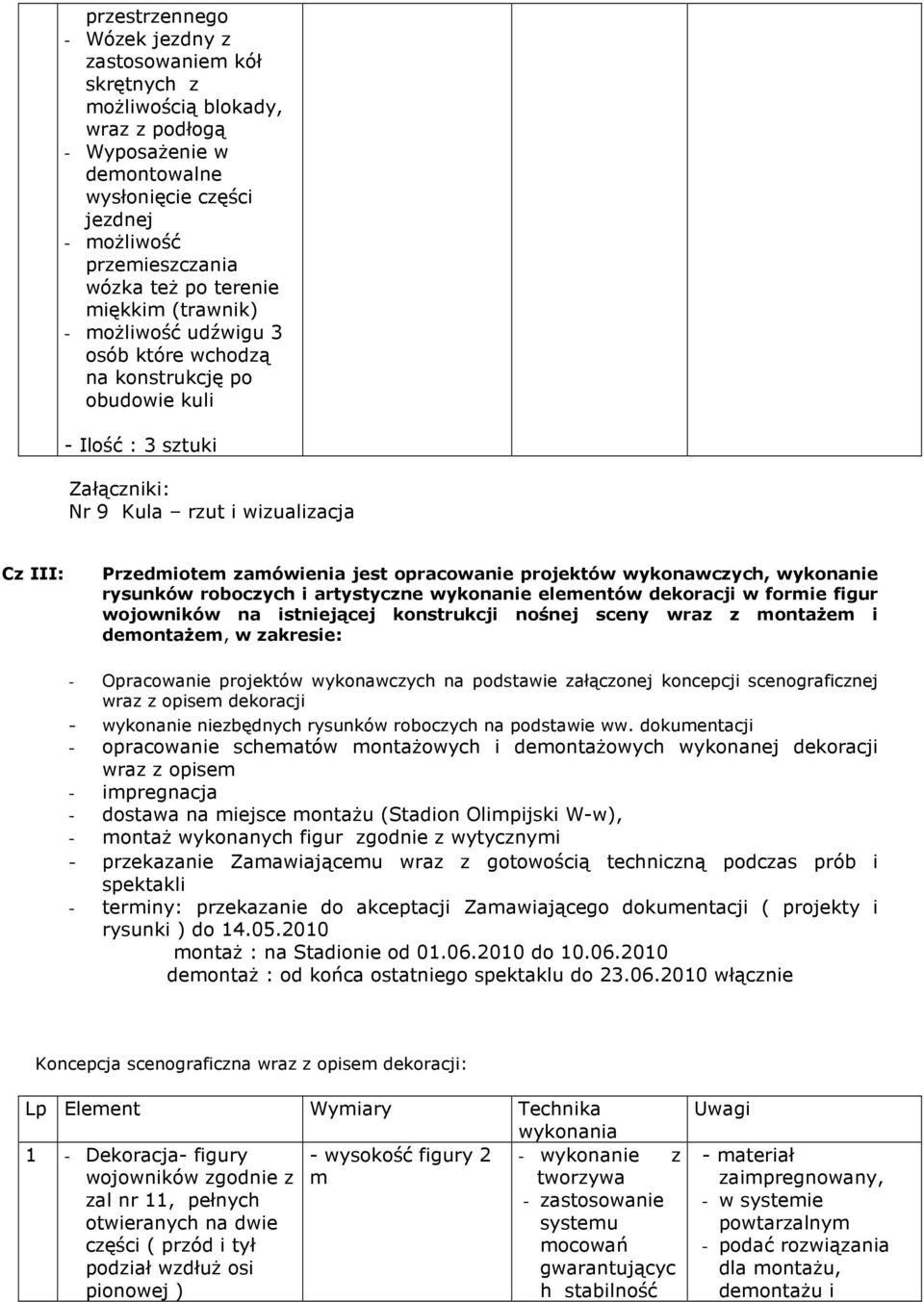 projektów wykonawczych, wykonanie rysunków roboczych i artystyczne wykonanie elementów dekoracji w formie figur wojowników na istniejącej konstrukcji nośnej sceny wraz z montaŝem i demontaŝem, w