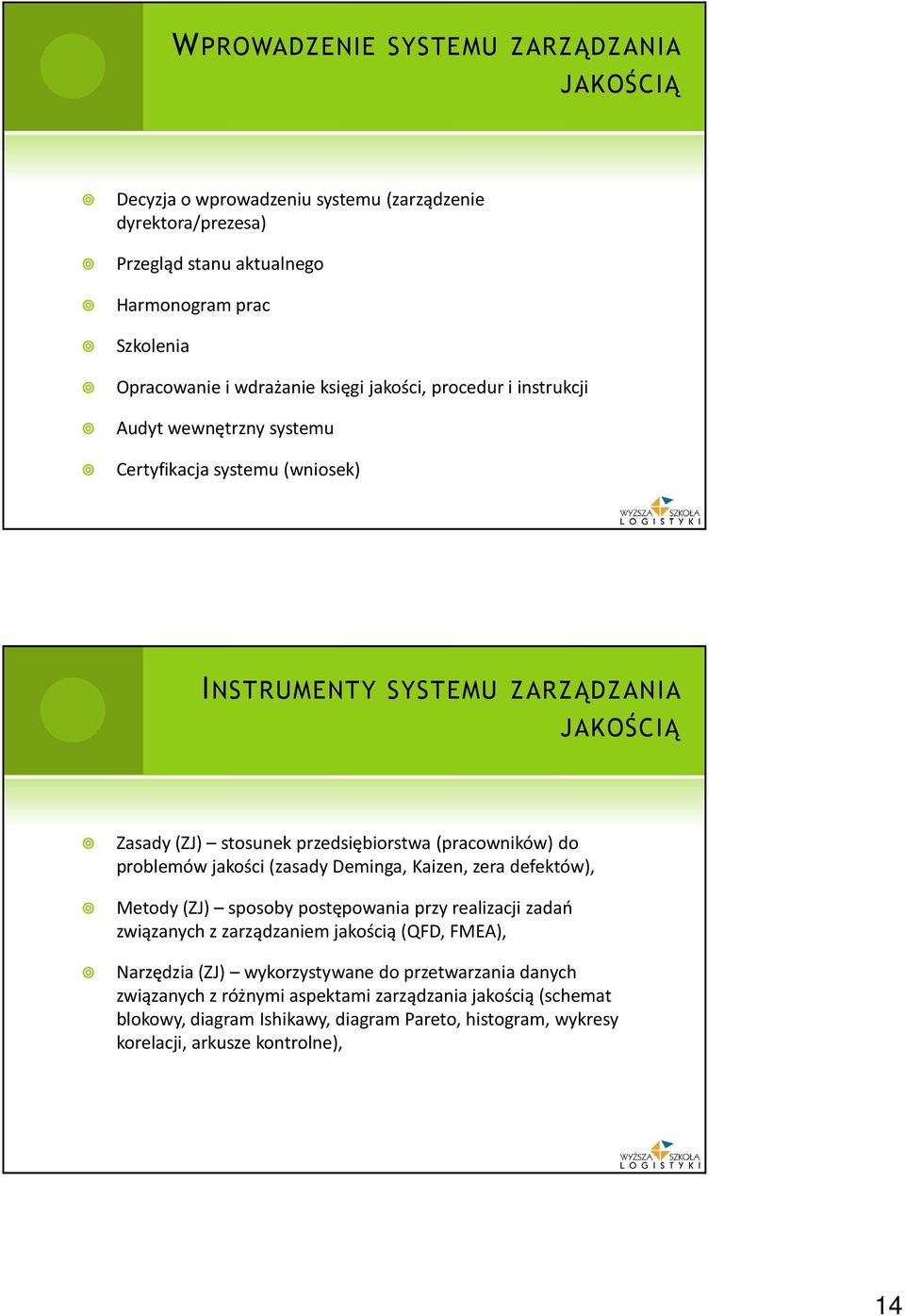 (pracowników) do problemów jakości (zasady Deminga, Kaizen, zera defektów), Metody (ZJ) sposoby postępowania przy realizacji zadań związanych z zarządzaniem jakością (QFD, FMEA),