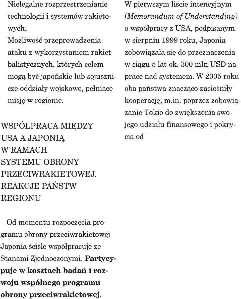 REAKCJE PAÑSTW REGIONU Od momentu rozpoczêcia programu obrony przeciwrakietowej Japonia œciœle wspó³pracuje ze Stanami Zjednoczonymi.