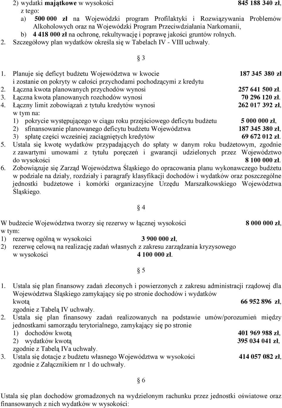 Planuje się deficyt budżetu Województwa w kwocie 187 345 380 zł i zostanie on pokryty w całości przychodami pochodzącymi z kredytu 2. Łączna kwota planowanych przychodów wynosi 257 641 500 zł. 3. Łączna kwota planowanych rozchodów wynosi 70 296 120 zł.