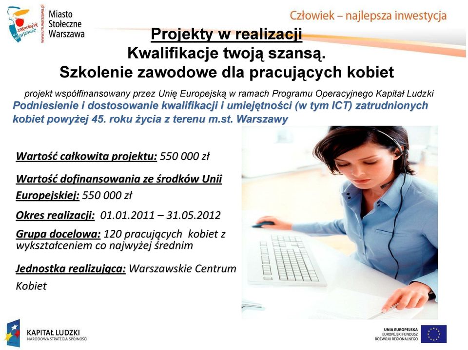 Podniesienie i dostosowanie kwalifikacji i umiejętno tności (w tym ICT) zatrudnionych kobiet powyżej 45. roku r życia z terenu m.st. Warszawy całkowita projektu: 550 0 000 zł Europejskiej: 550 0 000 zł Okres realizacji: 01.