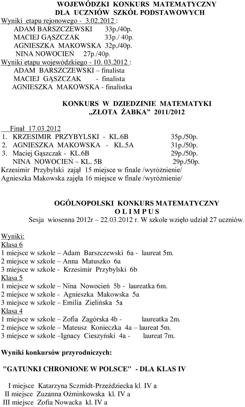 03.2012 1. KRZESIMIR PRZYBYLSKI - KL.6B 35p./50p.
