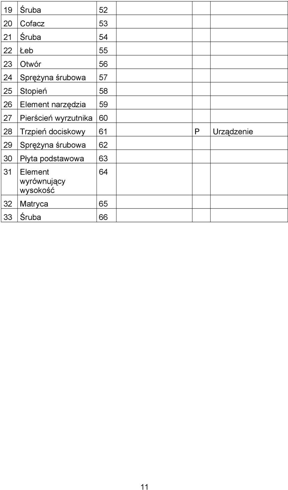 60 28 Trzpień dociskowy 61 P Urządzenie 29 Sprężyna śrubowa 62 30 Płyta