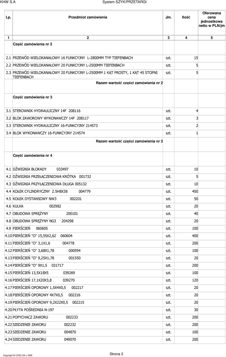 2 BLOK ZAWOROWY WYKONAWCZY 14F 208117 szt. 3 3.3 STEROWNIK HYDRAULICZNY 16-FUNKCYJNY 214573 szt. 2 3.4 BLOK WYKONAWCZY 16-FUNKCYJNY 214574 szt. 1 Razem wartość części zamówienia nr 3 4.